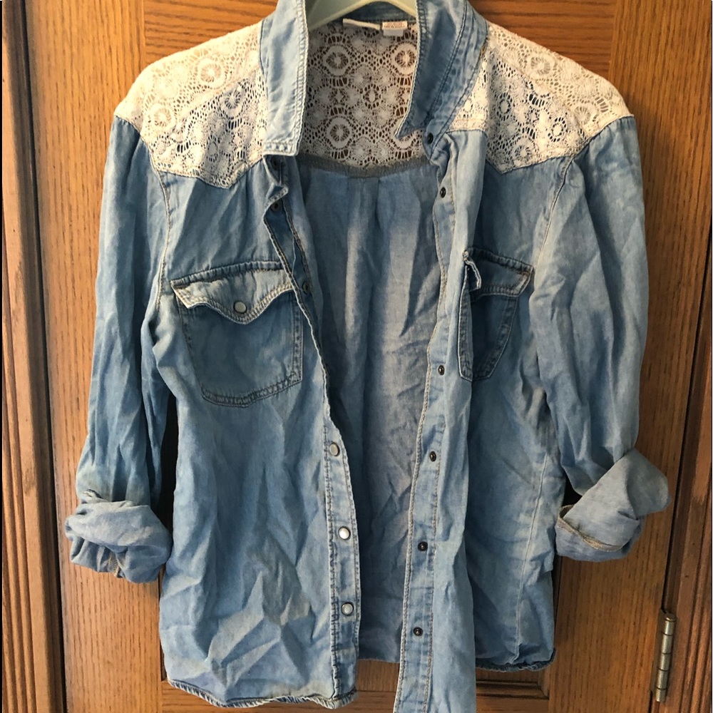 Mudd Denim Button Up Blouse with Lace Shoulders